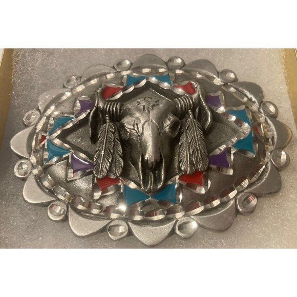 Vintage 1996 Metal Belt Buckle, Native Design, Bull Skull, Blue and Red, - Picture 1 of 5